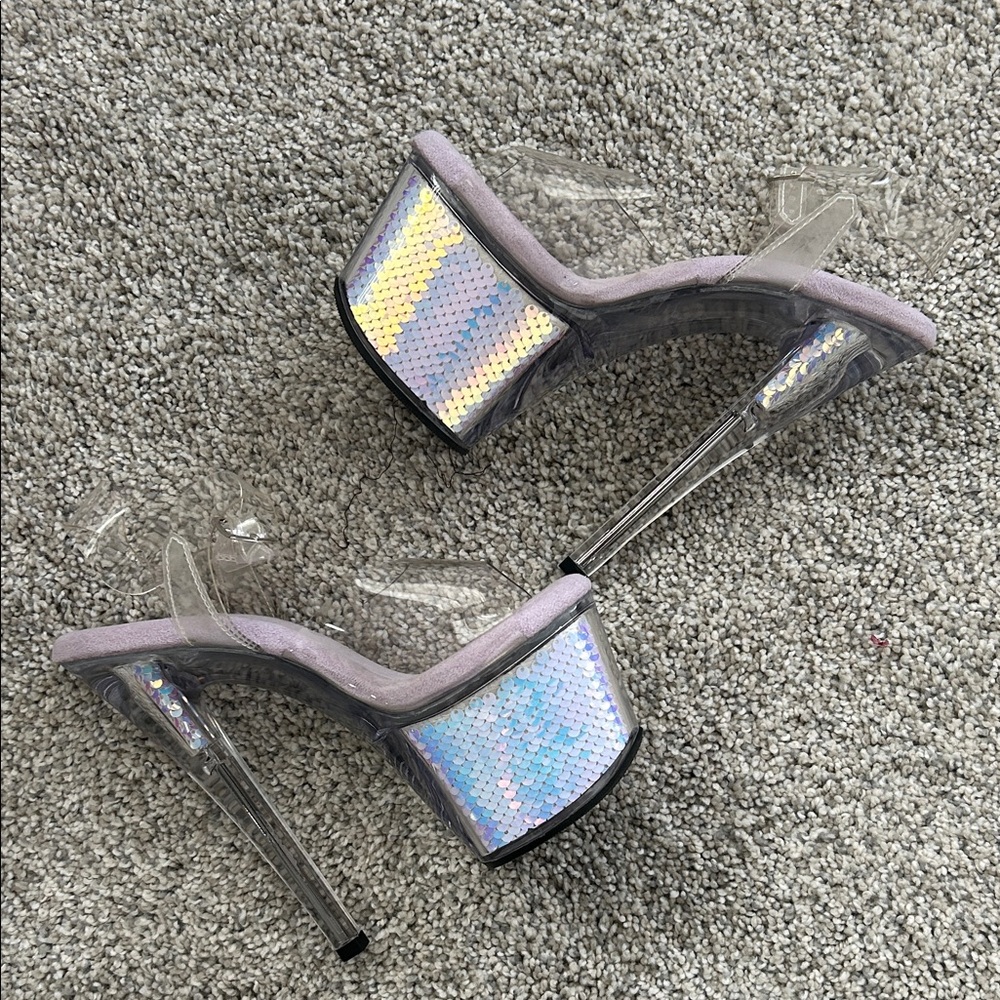 Pleaser Iridescent Sequin Platform Heels with Lavender Trim